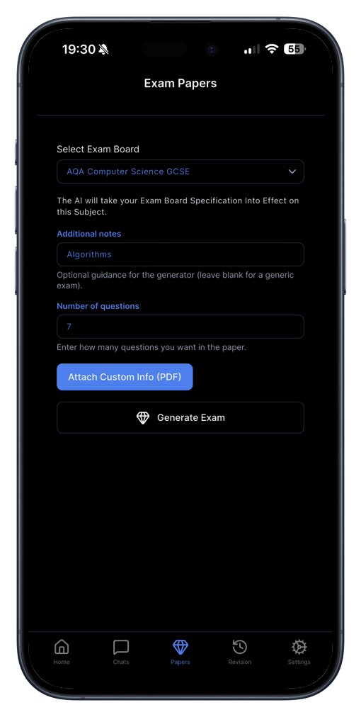 Exam paper generation page