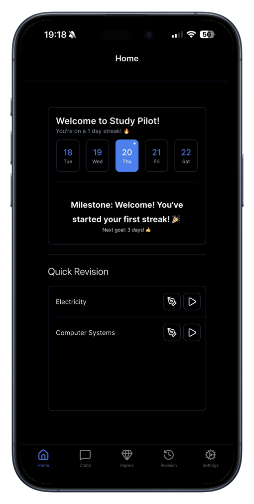 Home page with streak and recommendations